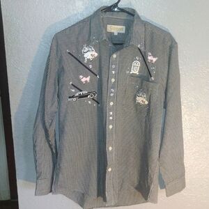 Vintage Poodle Girl Black and White Gingham Button Down Collar Top S